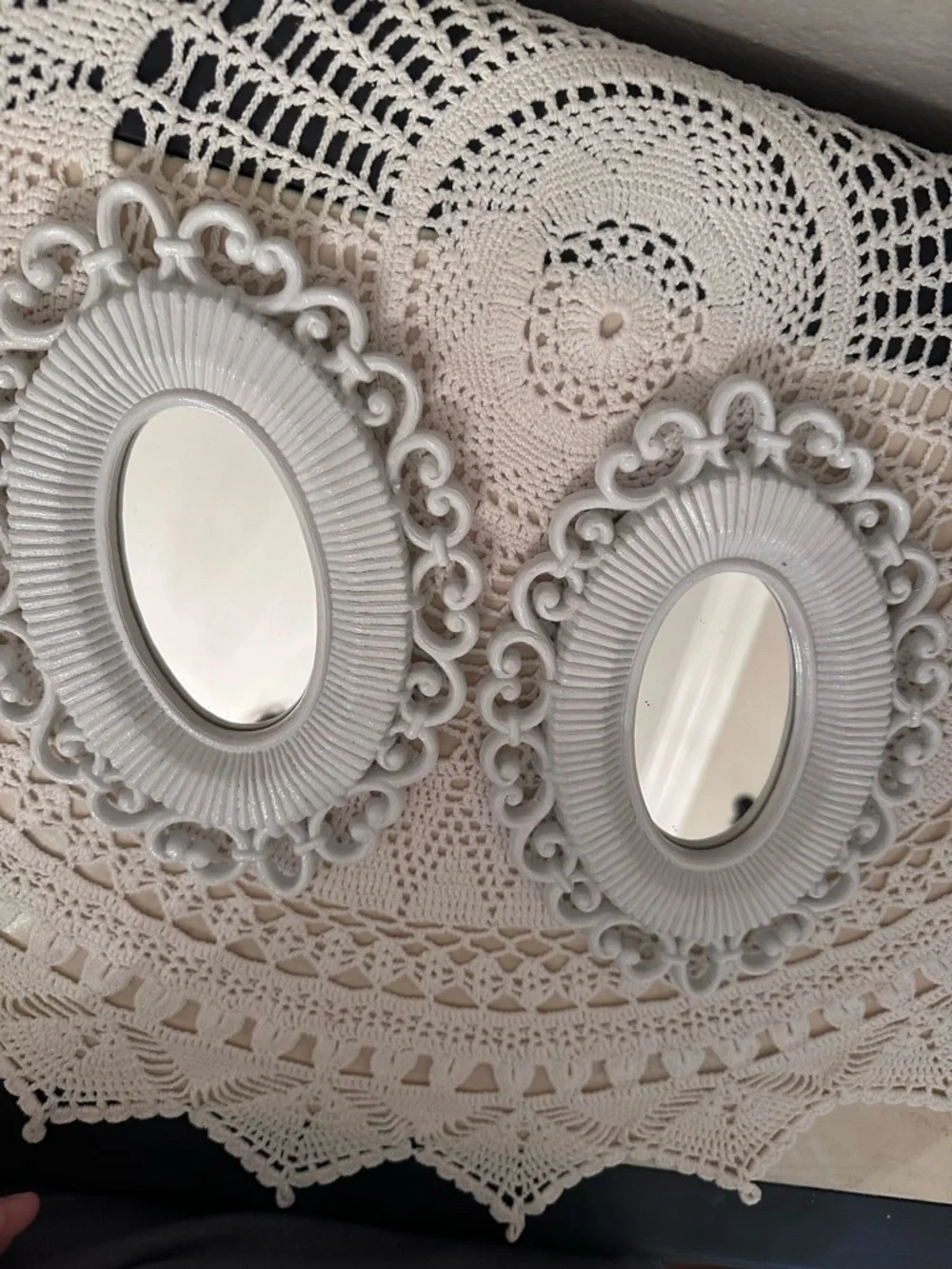 Vintage Home Interior White Ornate Oval Wall Mirrors - Set of 2